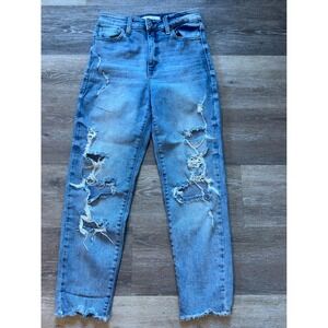 Eunina Super High Rise Mom Jean Crop Distressed Medium Wash Blue Denim‎ Size 3
